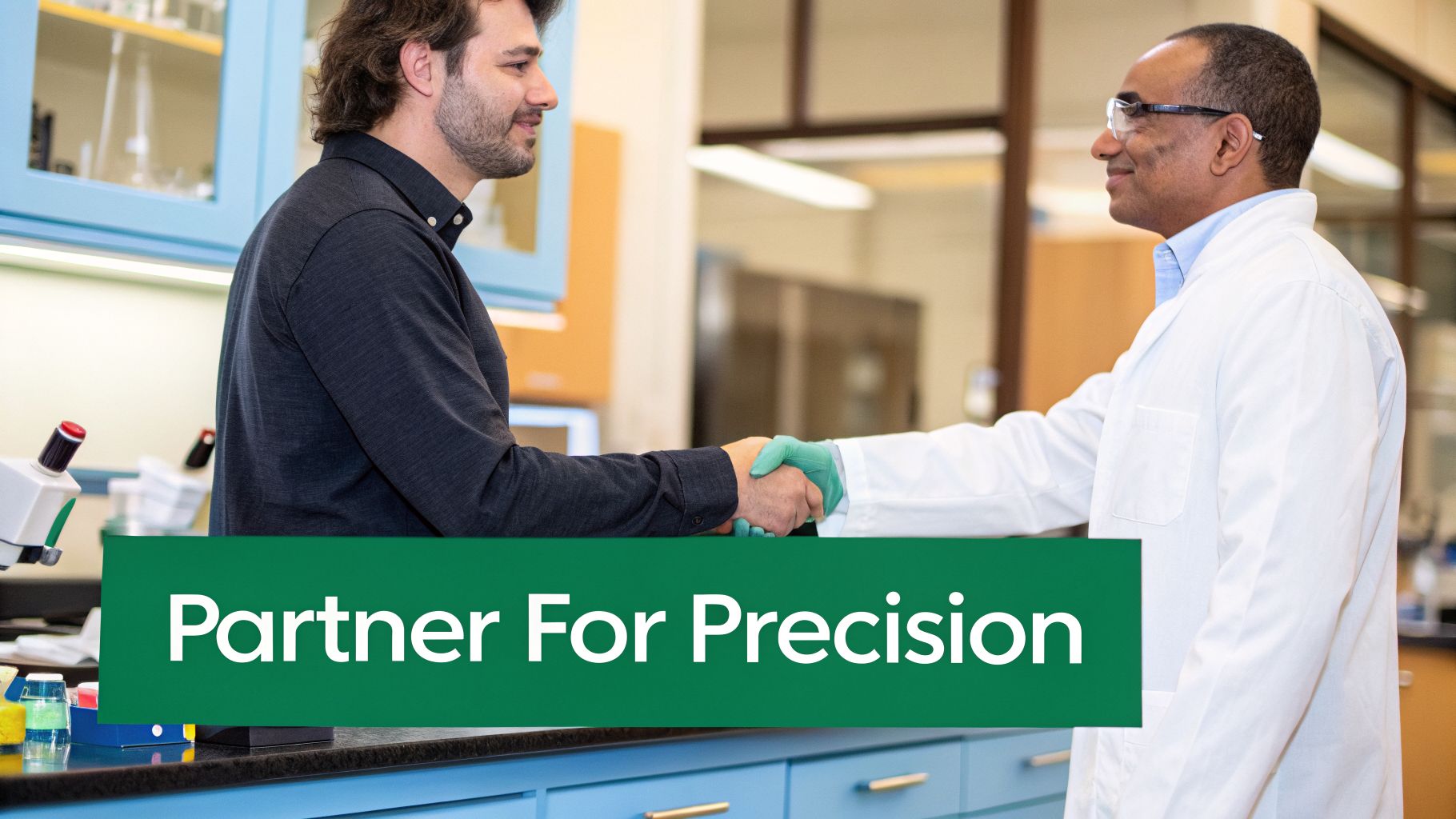 Two men, one in a lab coat and safety glasses, shake hands in a laboratory with 'Partner For Precision' text.