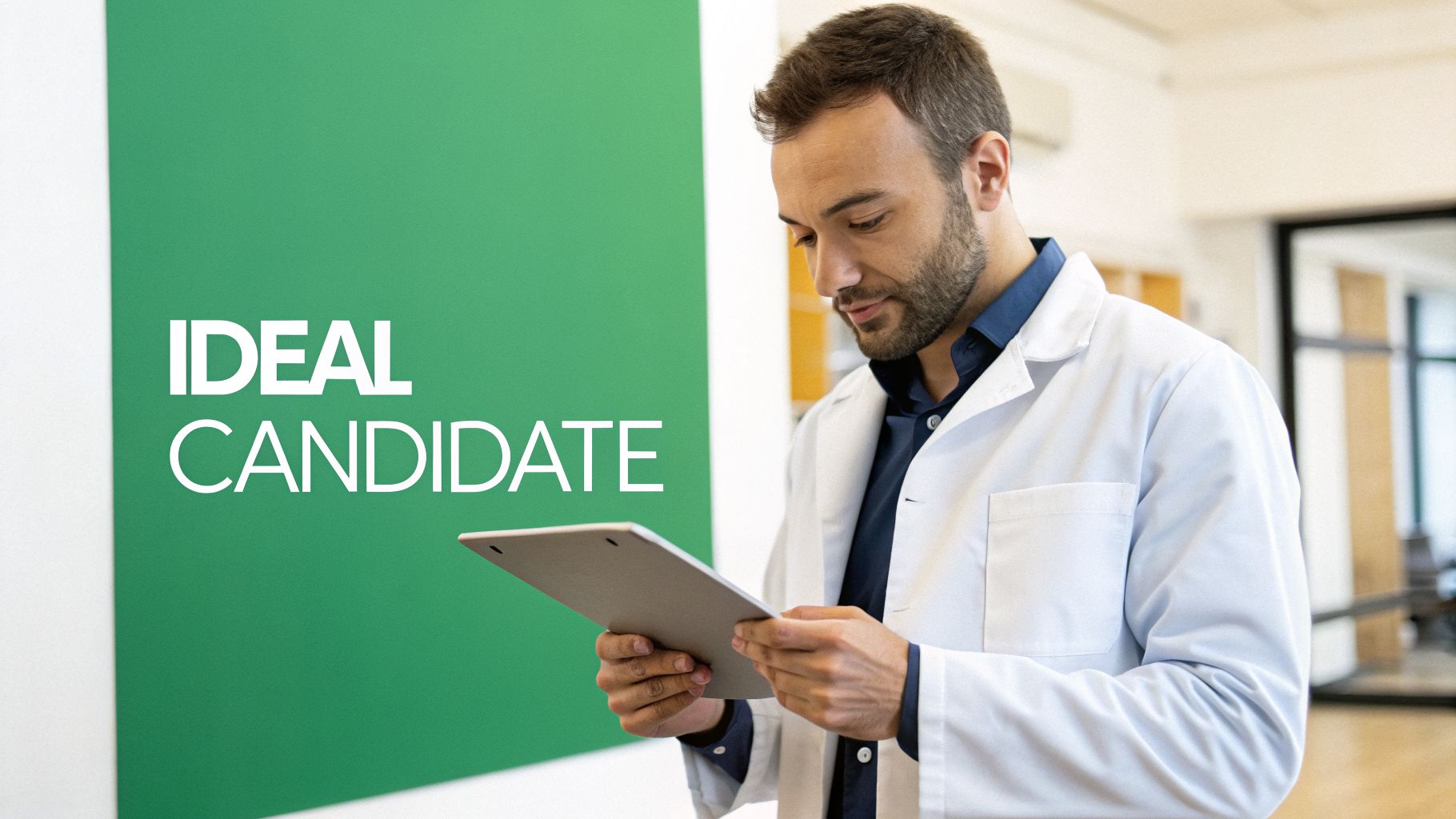 A focused man in a lab coat reviews a tablet, standing beside a green sign reading 'IDEAL CANDIDATE'.