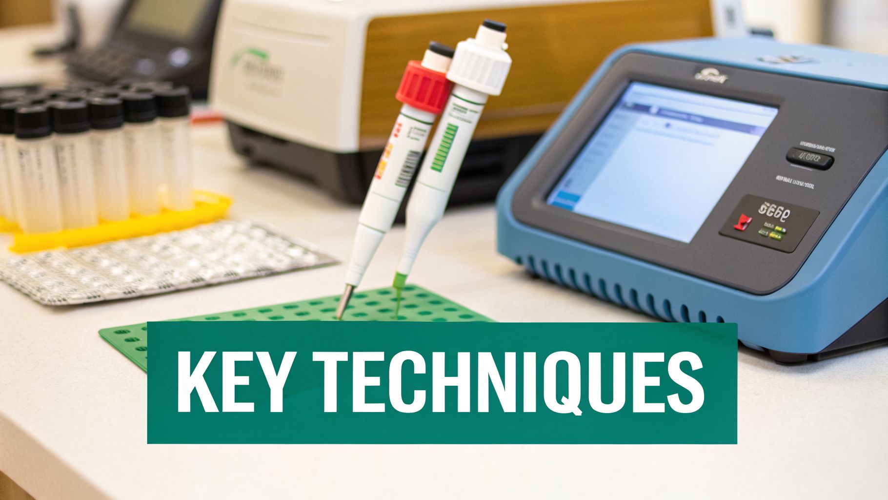 Close-up of biotechnology lab equipment, including pipettes, test tubes, and a digital device, with 'KEY TECHNIQUES' overlay.