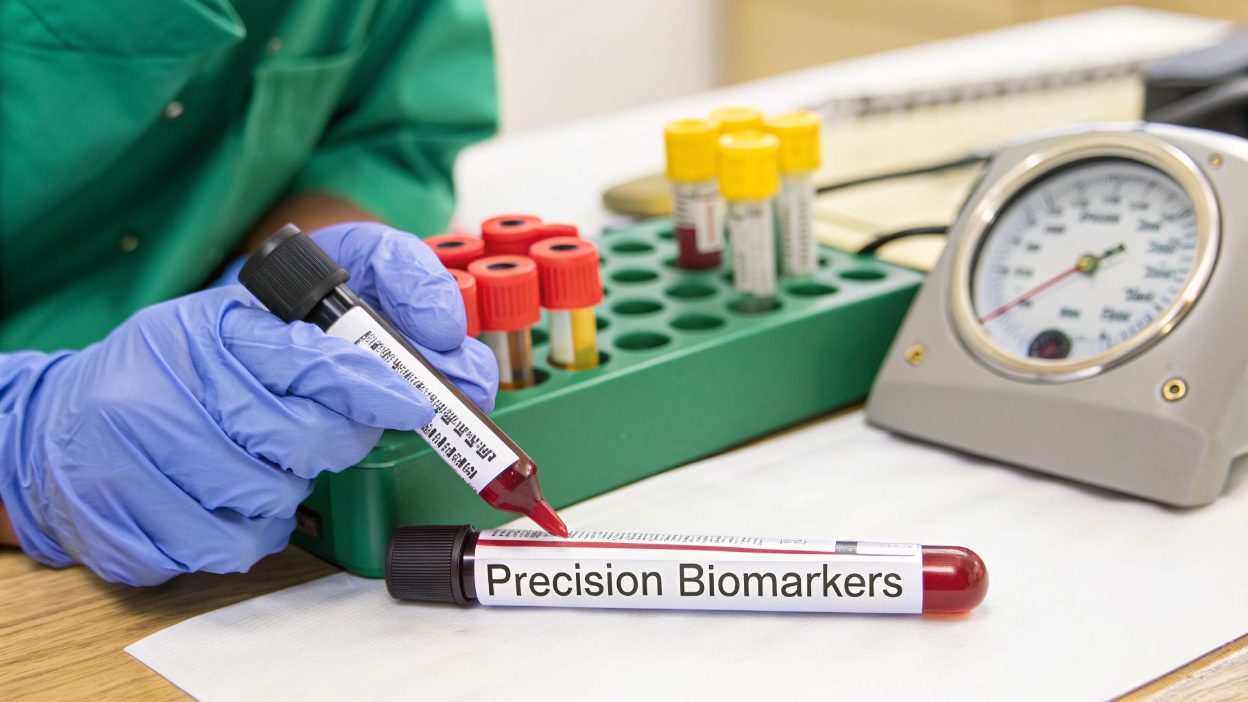 A scientist in blue gloves handles blood sample tubes, one labeled 'Precision Biomarkers' in a laboratory setting.