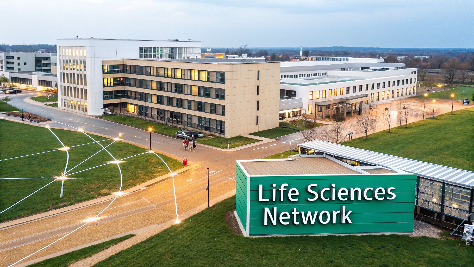 Aerial view of a modern university campus with multiple buildings, roads, green lawns, and a "Life Sciences Network" sign, enhanced with glowing network lines.