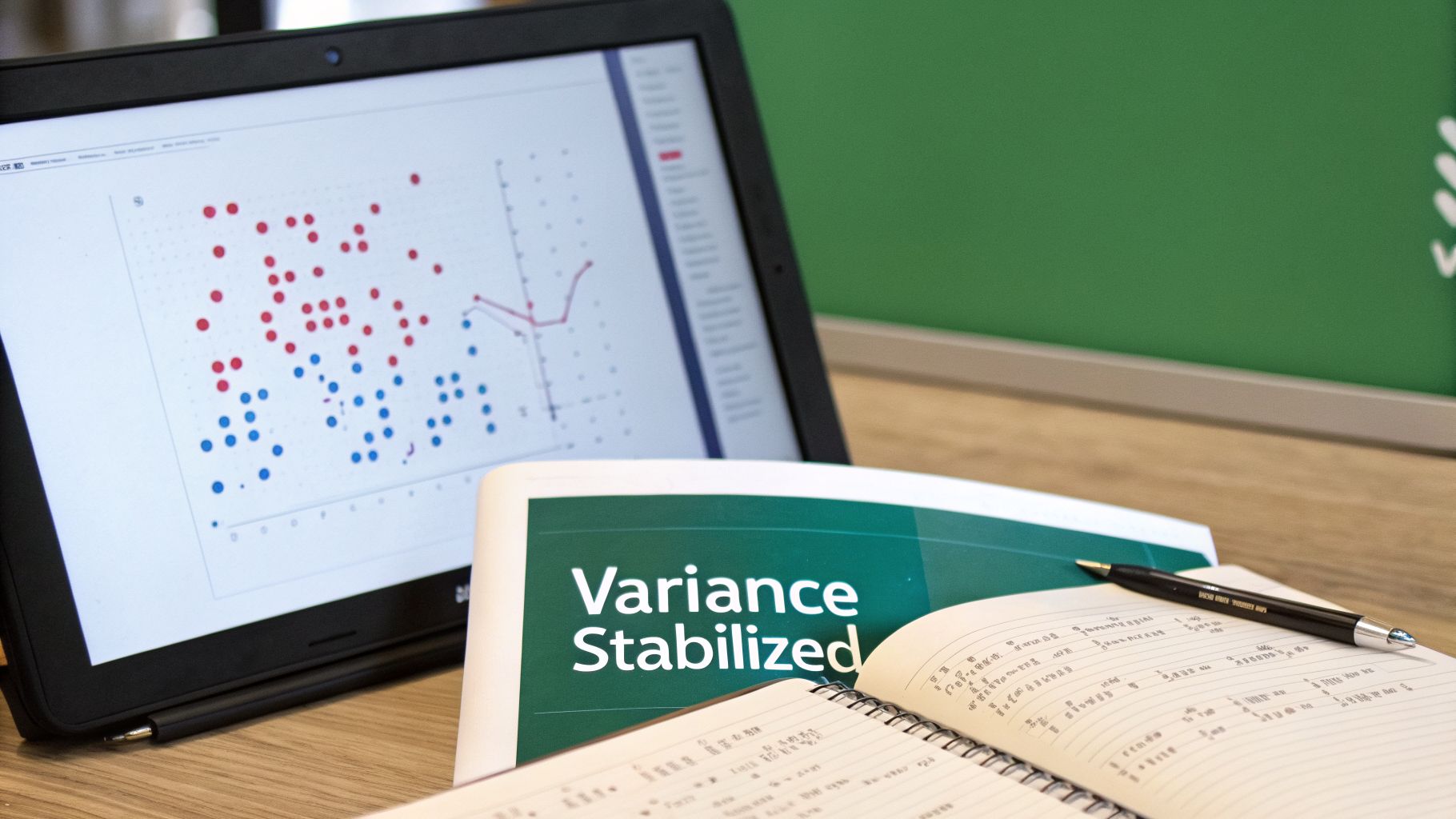 Laptop displays a data plot, alongside a document reading "Variance Stabilized" and a notebook with a pen.