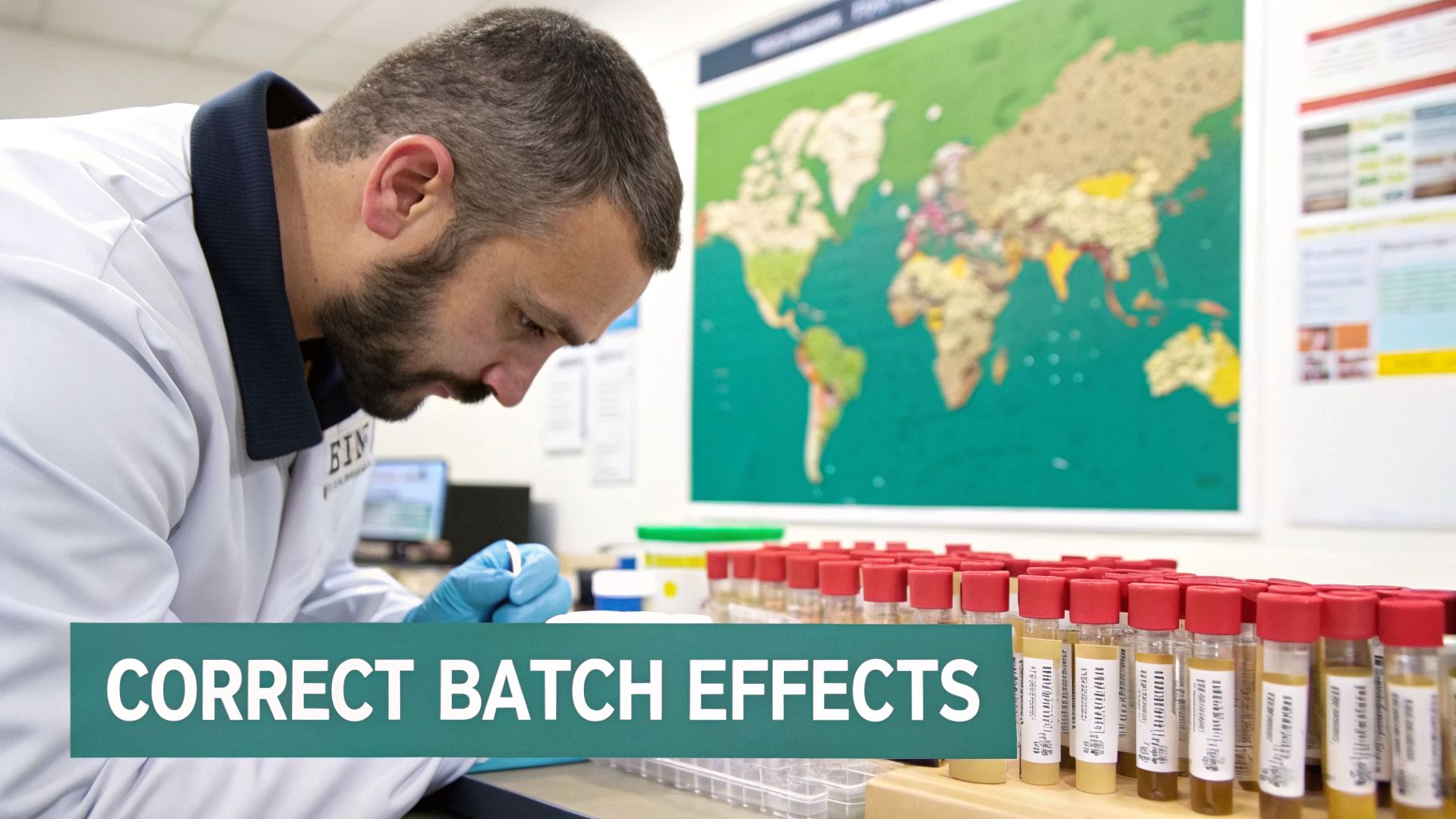 Researcher in a lab examines test tube samples, with a world map behind him and text: CORRECT BATCH EFFECTS.