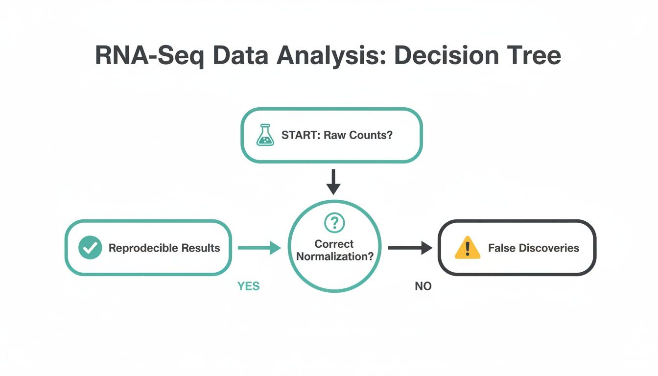 Decision tree illustrating RNA-Seq data analysis, emphasizing correct normalization for reproducible results.