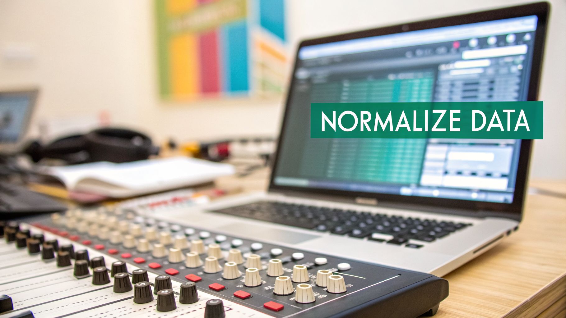 A close-up of a laptop displaying data with an audio mixer, overlaid with a green banner saying 'NORMALIZE DATA'.
