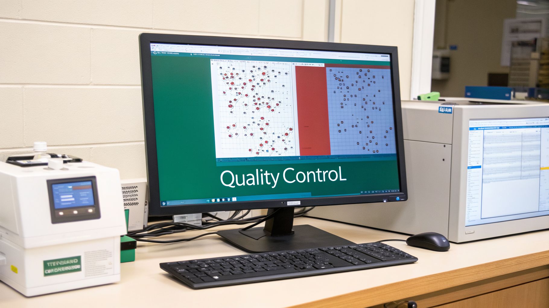 A lab bench with a computer monitor showing 'Quality Control' and scientific instruments.
