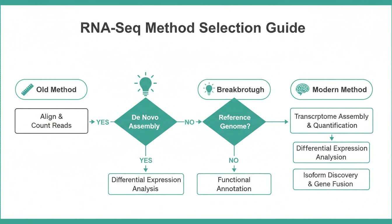 A comprehensive flowchart outlining the RNA-Seq Method Selection Guide, detailing old, breakthrough, and modern approaches.