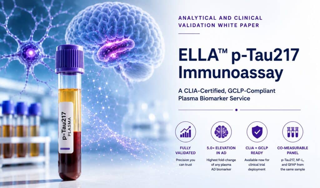 Modern scientific illustration showing a plasma blood collection tube labeled p-Tau217 alongside a human brain and neuronal network, representing the analytical and clinical validation of the ELLA™ p-Tau217 immunoassay for Alzheimer's disease biomarker testing.