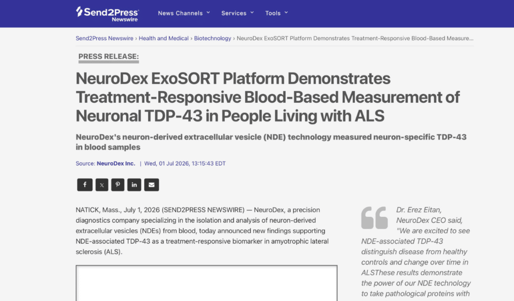 NeuroDex ExoSORT™ Platform Demonstrates Treatment-Responsive Blood-Based Measurement of Neuronal TDP-43 in People Living with ALS