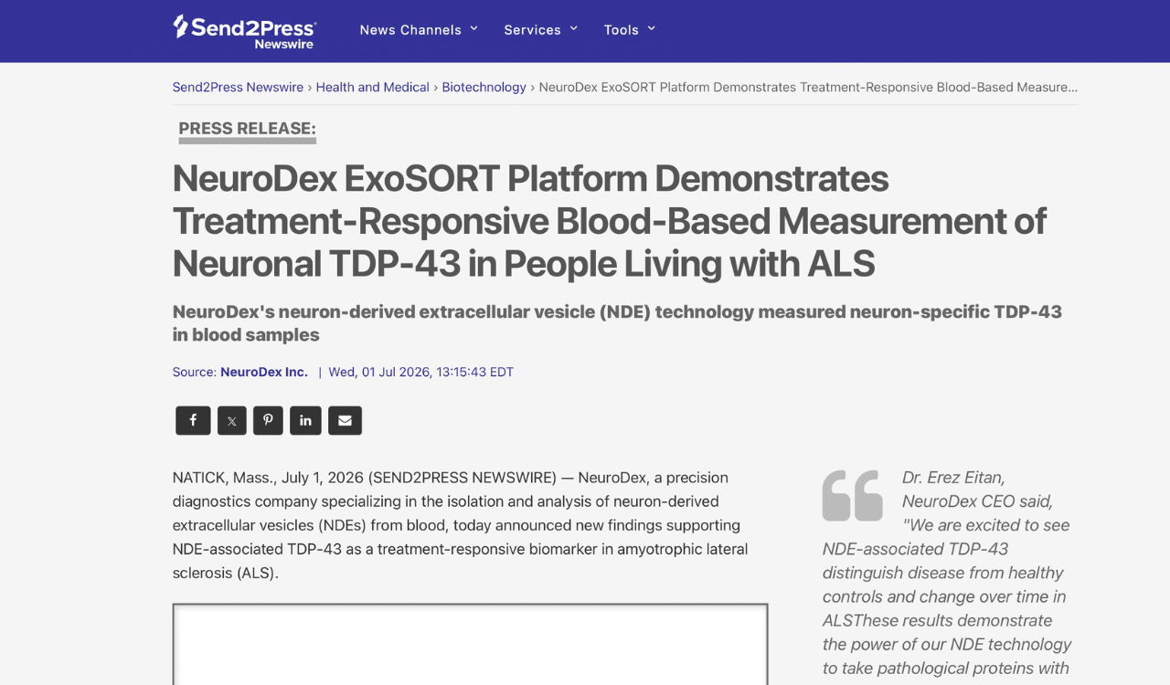 NeuroDex ExoSORT™ Platform Demonstrates Treatment-Responsive Blood-Based Measurement of Neuronal TDP-43 in People Living with ALS