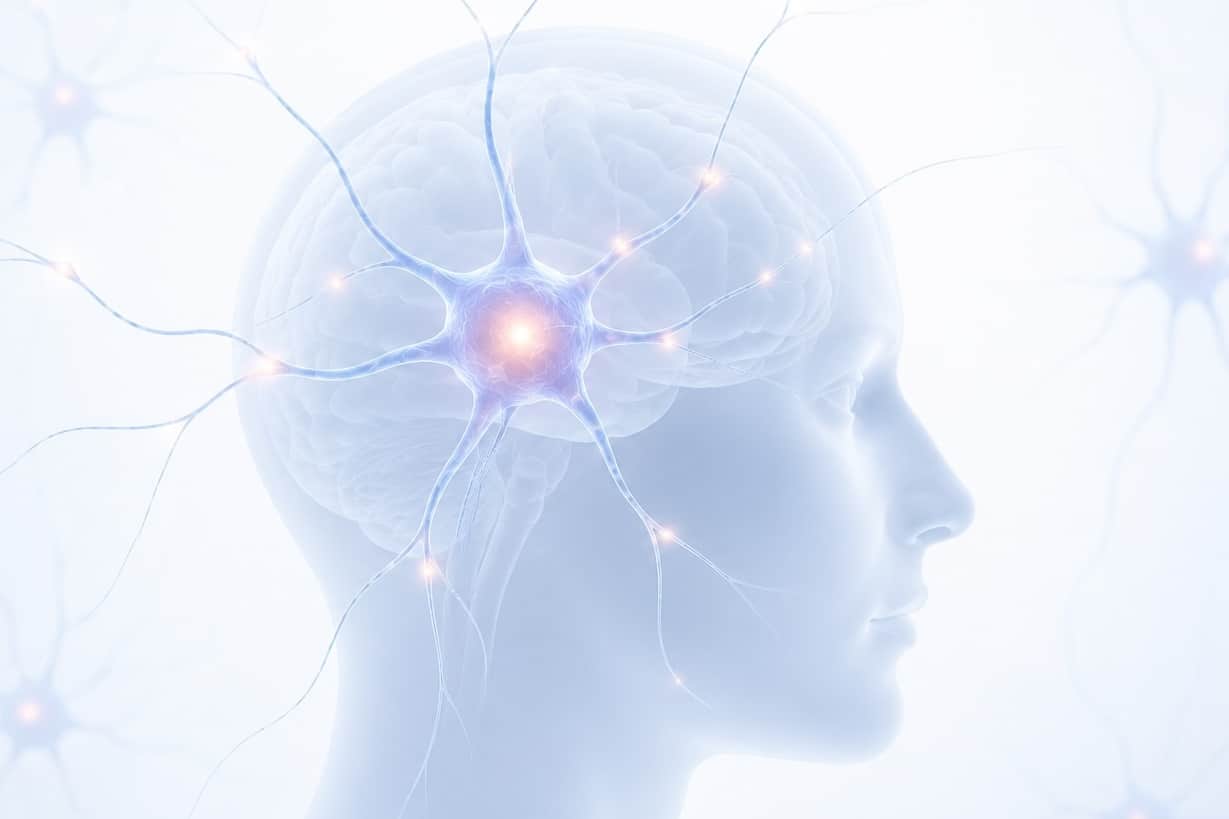Alpha-synuclein .human brain with interconnected neurons representing neurodegeneration, neuronal communication, and neurological biomarkers.