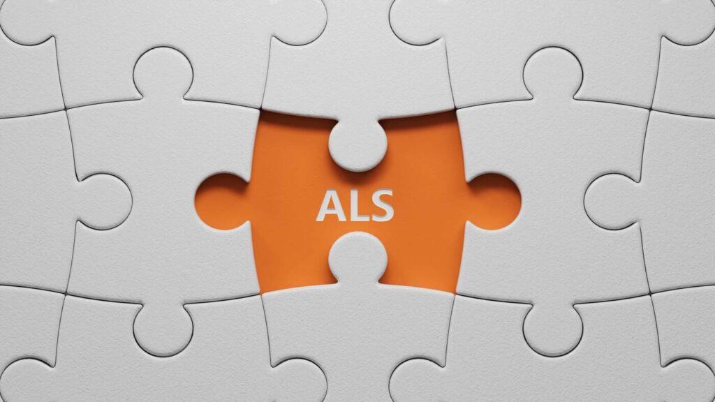White puzzle pieces with a highlighted orange center labeled ALS, symbolizing the search for neuron-specific TDP-43 biomarkers in amyotrophic lateral sclerosis