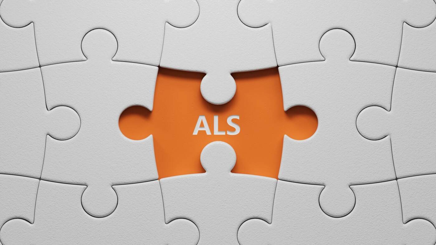 White puzzle pieces with a highlighted orange center labeled ALS, symbolizing the search for neuron-specific TDP-43 biomarkers in amyotrophic lateral sclerosis