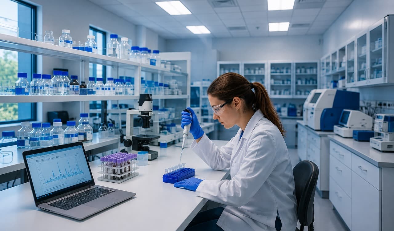 Scientist performing CNS biomarker testing in a modern laboratory for neurology clinical trial biomarker analysis.