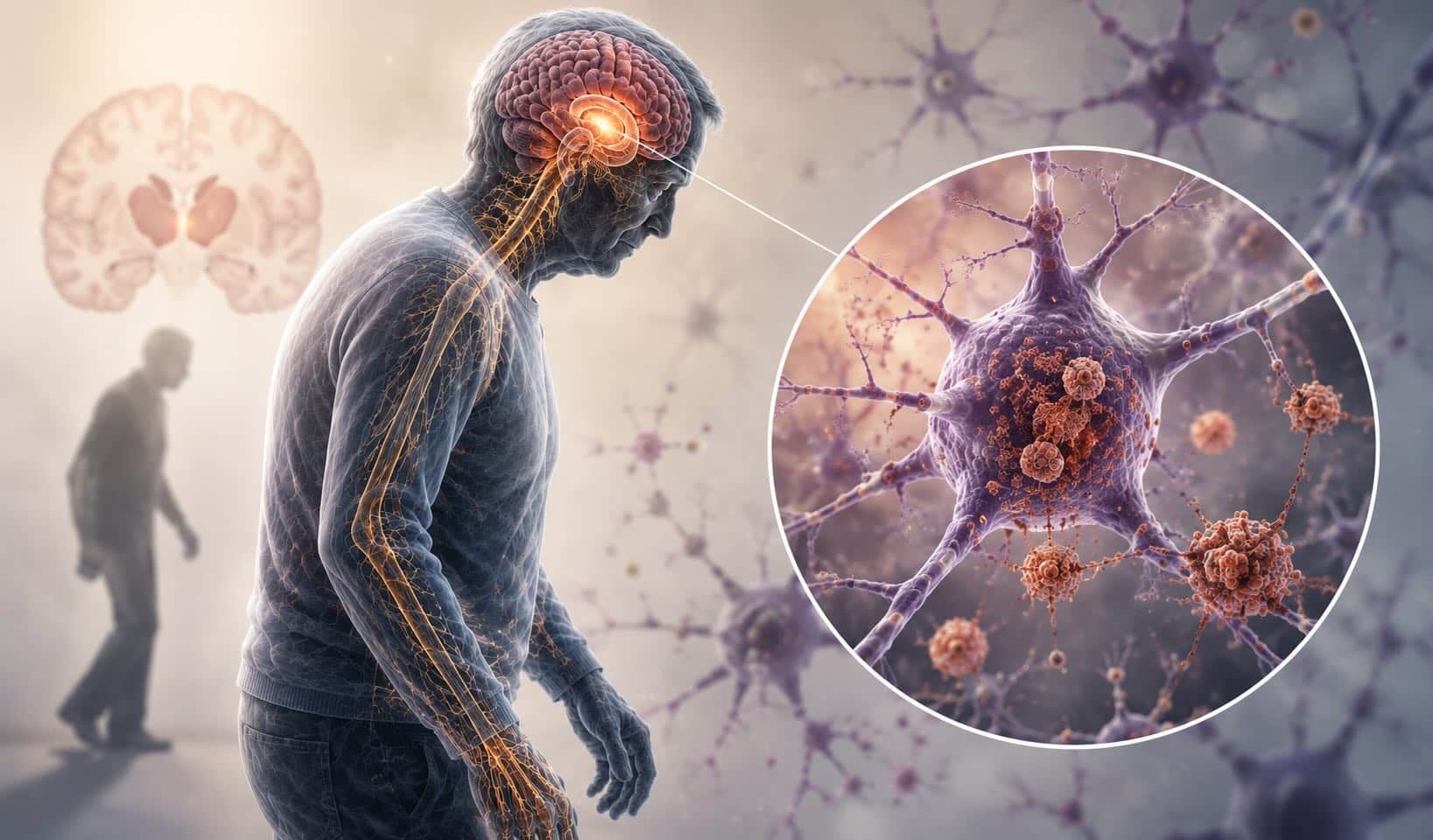 Illustration of a person with Parkinson’s disease showing the brain and neuronal pathology associated with biomarker selection for clinical trials.