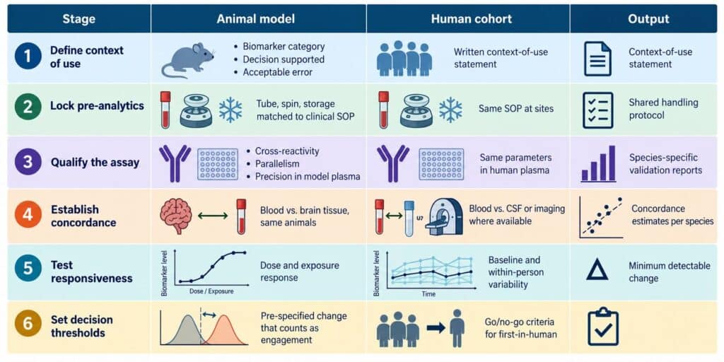 Six-step preclinical CNS biomarker bridging-study workflow from animal models to human blood validation and first-in-human trials.